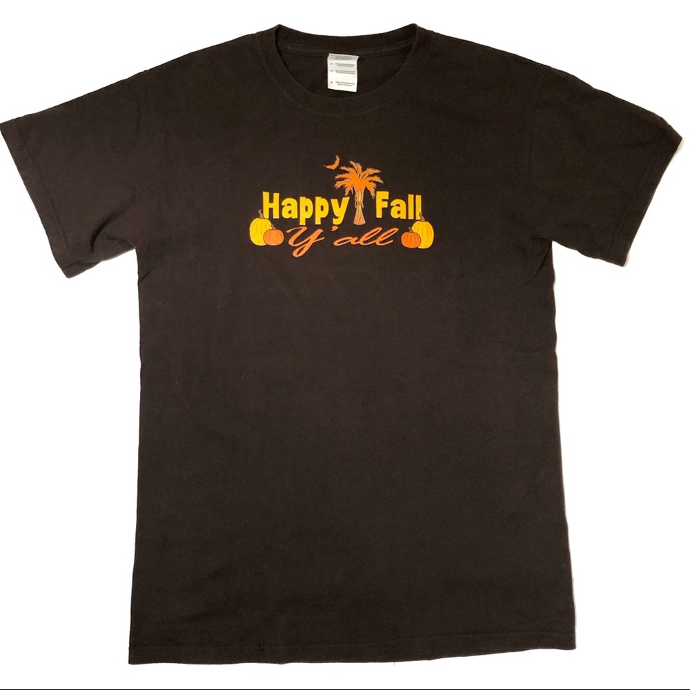 Happy Fall Y'all T-shirt Screen Print Scarecrow Pumpkin Brown Short Sleeve Small